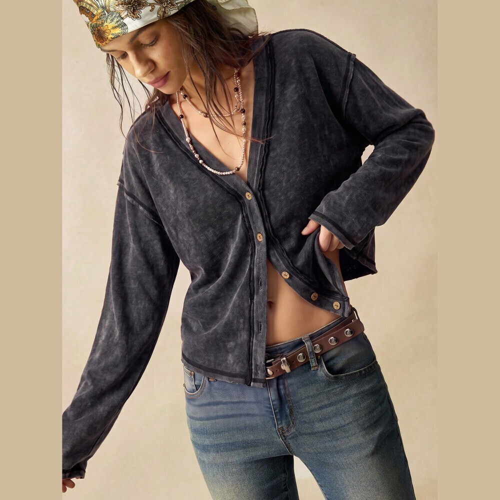 Faded Charcoal Black Mineral Wash Button Front Cropped Cardigan